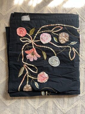 DKNY Black Shower Curtain with Pink Rose and Green Leaf Embroidery